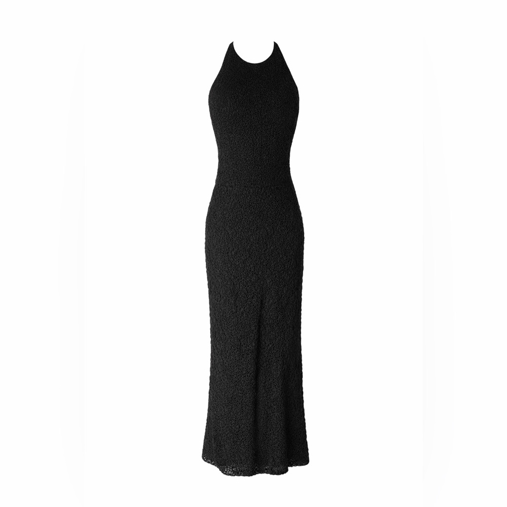 Theory Black Crochet Halter Gown | Open-Back Evening Dress | Size 6